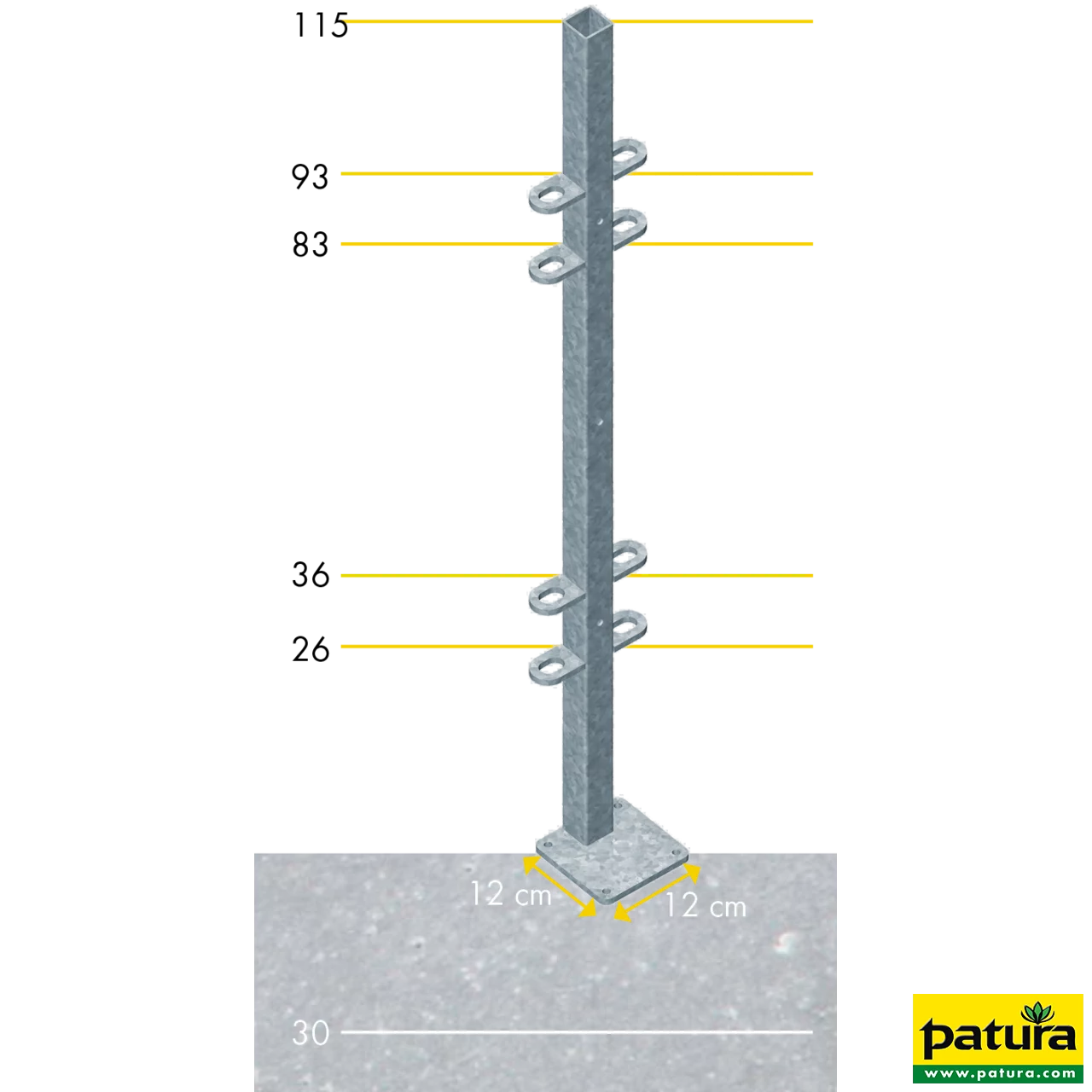 Pfosten Quadrat 40 mm, L= 1,15 m mit Bodenplatte auß ermittig mit angeschweiß ten Laschen SONDERPOSTEN