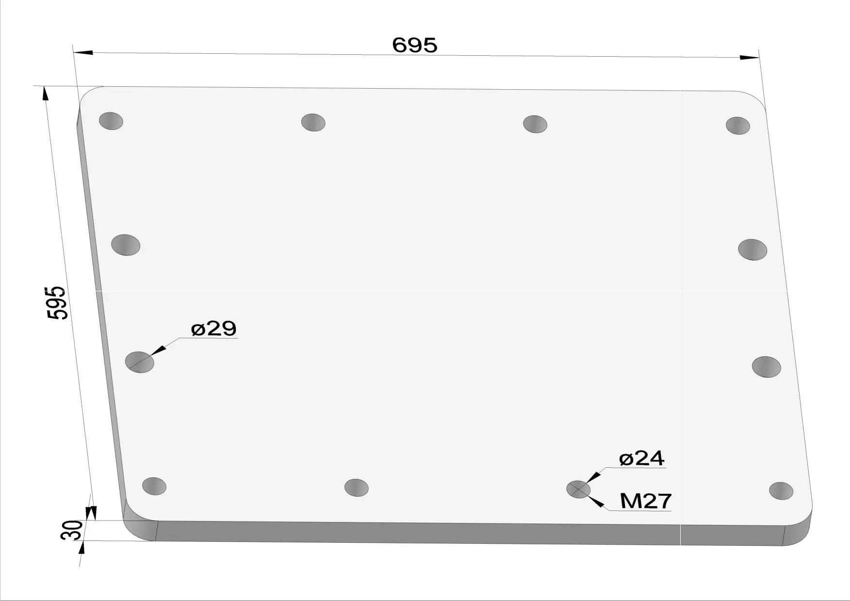 Häner Grundplatte 695x595 t=30 4xd29 8xM27 - Gewinde