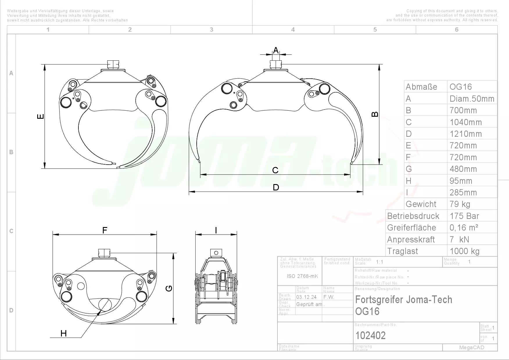 Kombianbaurahmen Euro- und Dreipunkt mit Forstgreifer OG16, Pendelgelenk und Rotator