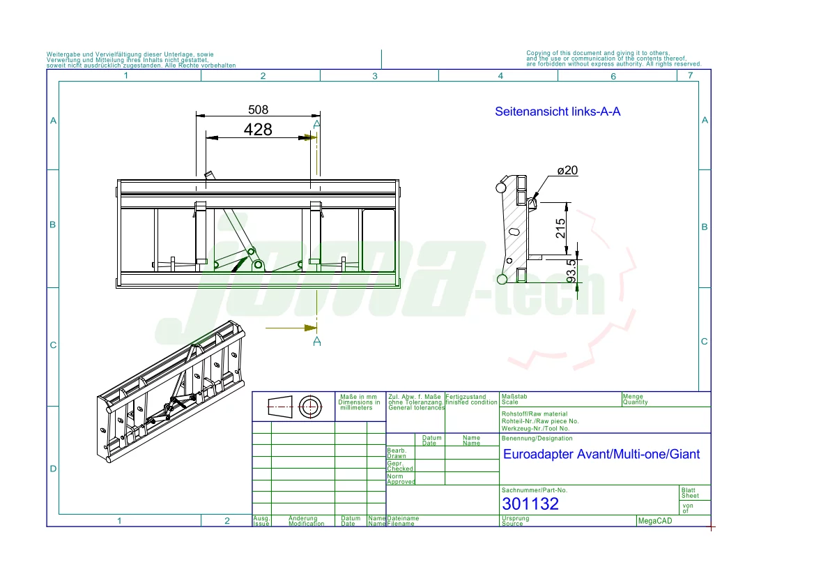 Joma-Tech Adapter von Radlader auf Euroaufnahme - Schnellwechsler Avant/Multi-one/Giant 20x26x213mm