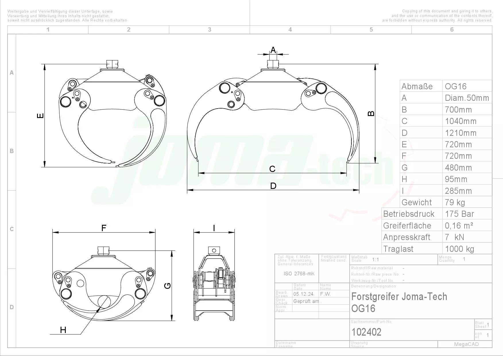 Forstgreifer Joma-Tech OG16 - [ ohne Rotator mit Einlegeschalen 500mm ]