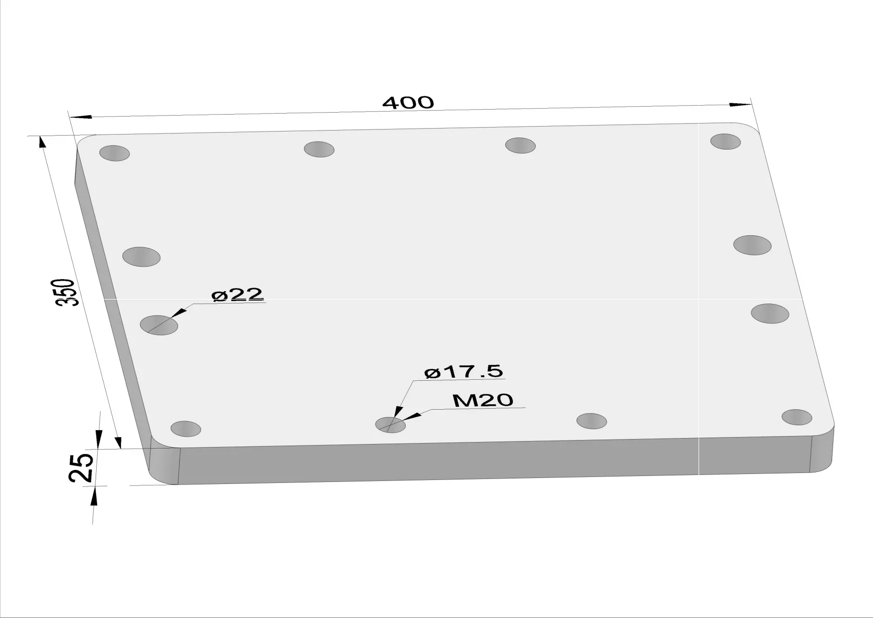 Häner Grundplatte 400x350 t=25 4xd22 8xM20 - Gewinde