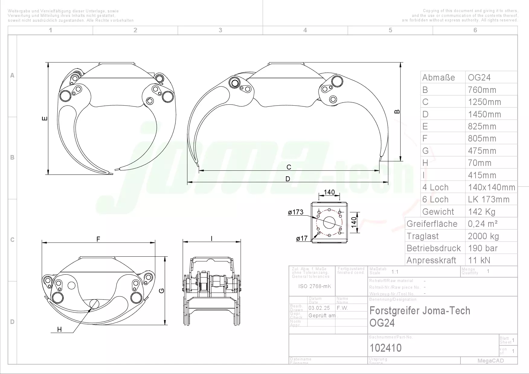 Kombianbaurahmen Euro- und Dreipunkt mit Forstgreifer OG24, Pendelgelenk und Rotator - [ FHR 4.500L 4,5t Bolzenrotator  ] 