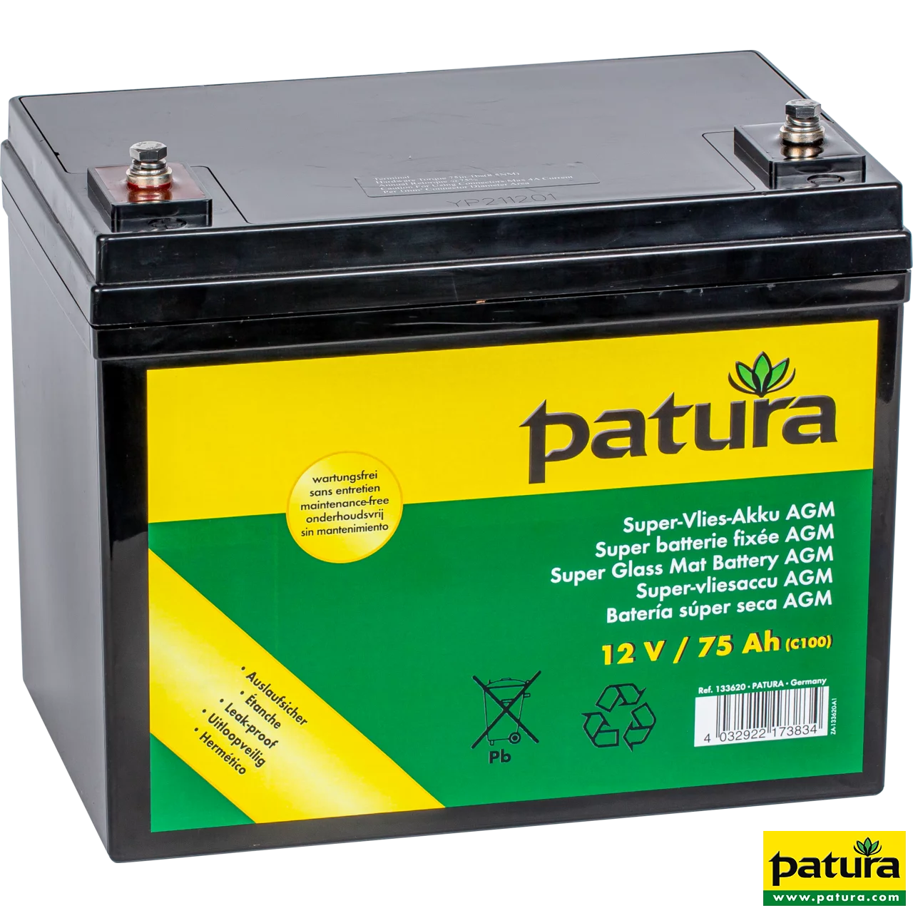 Super-Vlies-Akku 12 V / 75 Ah C100 wartungsfreie Vliesbatterie mit Tragegurt