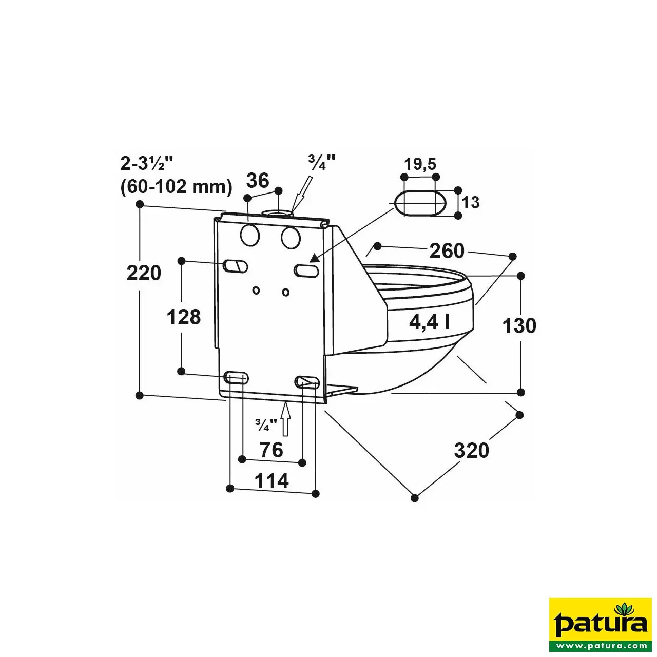 Edelstahl-Rohrventilbecken Mod. 1220 komplett aus Edelstahl, 3/4" Ventil Anschluss oben und unten