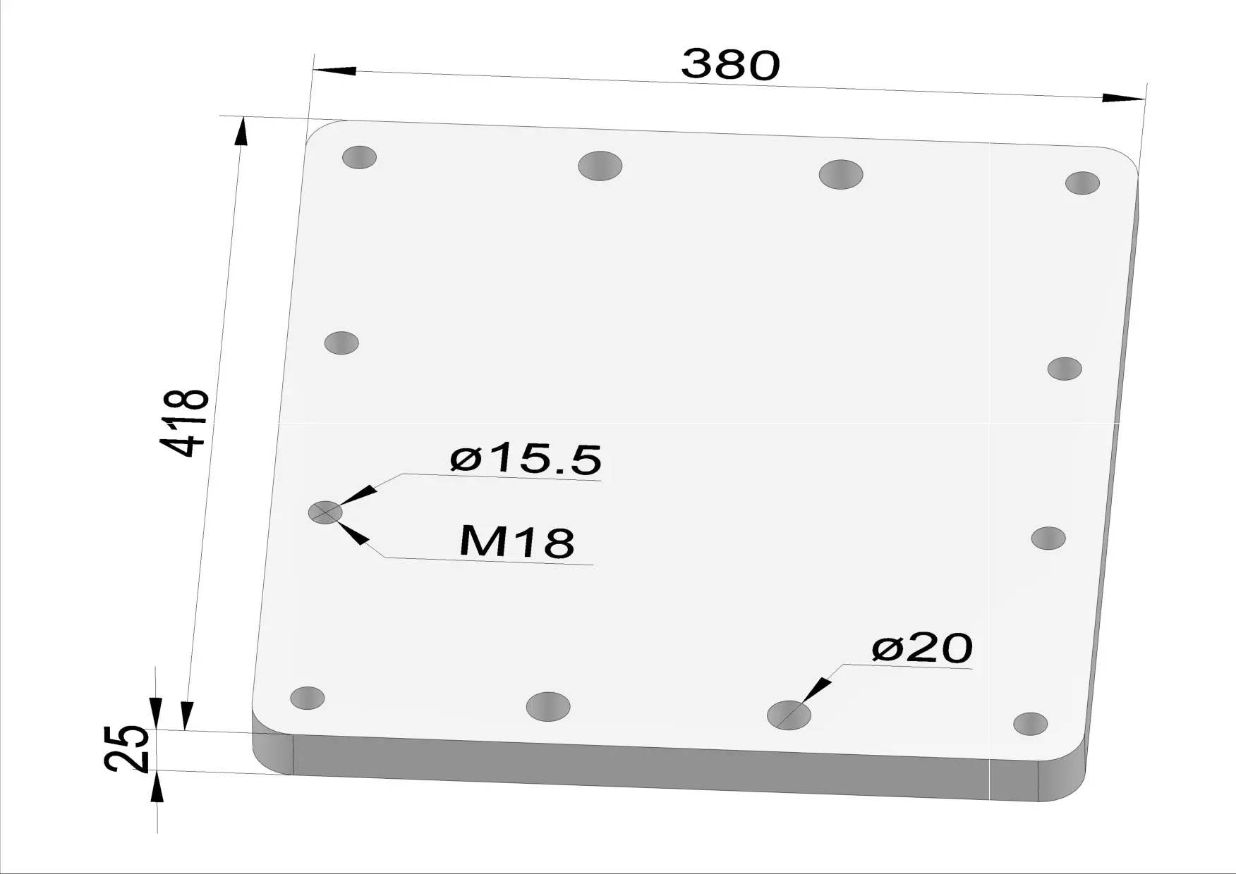 Häner Grundplatte 380x418 t=25 4xd20 8xM18