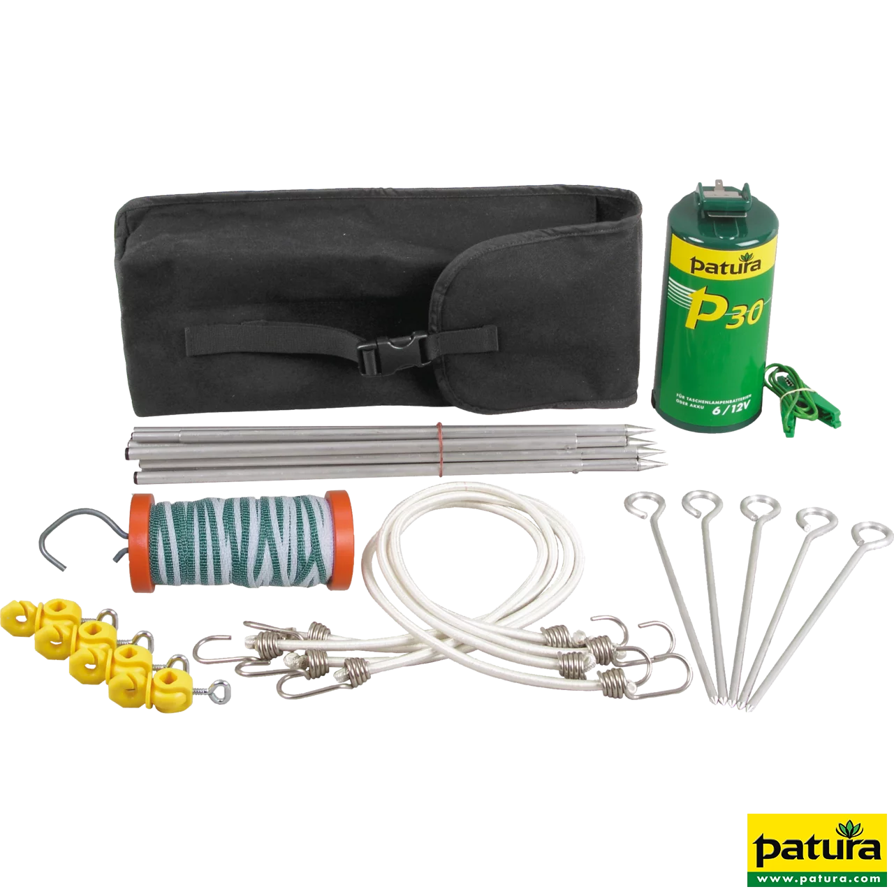 Wanderreiterset, Packtasche mit P 30-Gerät, Alu-Pfählen, 40 m Band, Torgriff, Abspannmaterial