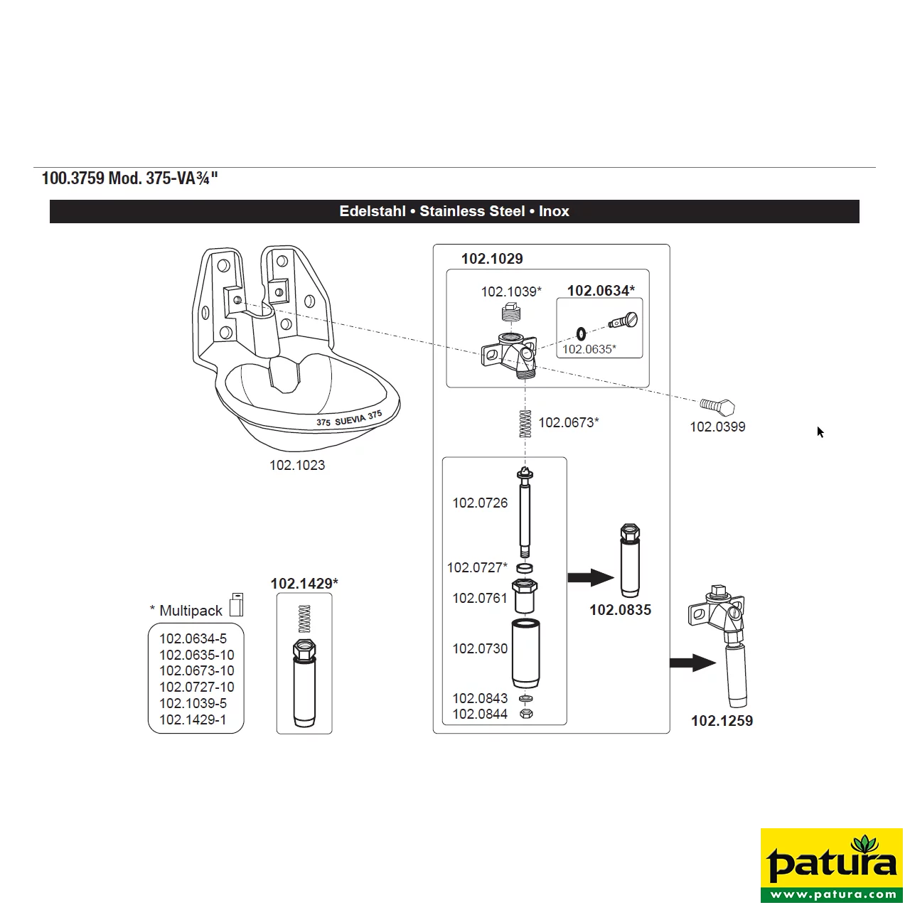 Rohrventil-Becken Mod. 375 . V2A 3/4"