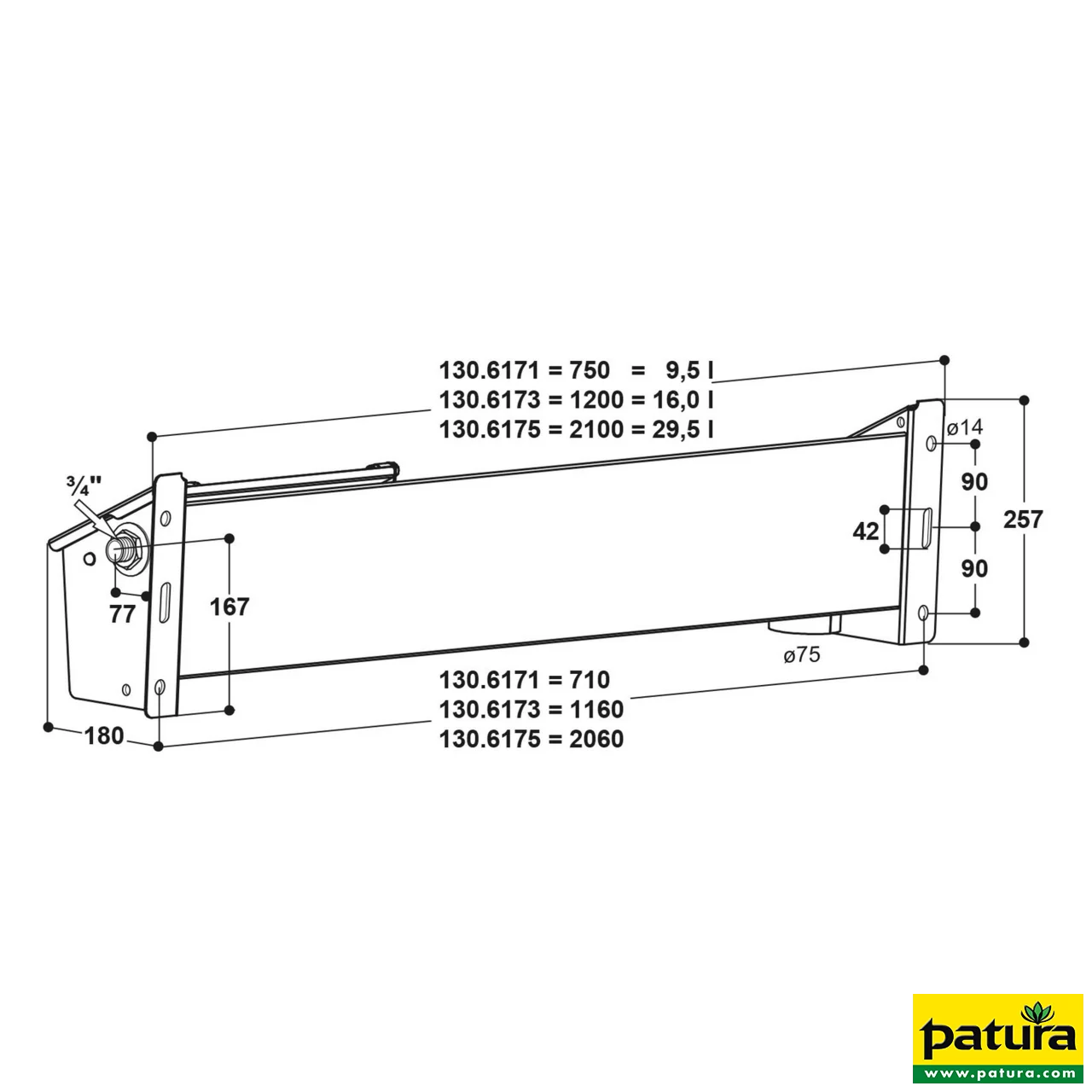 Tränketrog Mod. 6175 aus Edelstahl für Schafe und Ziegen, Länge 2,10 m Inhalt 29,5 l, Zulauf 40 l / min