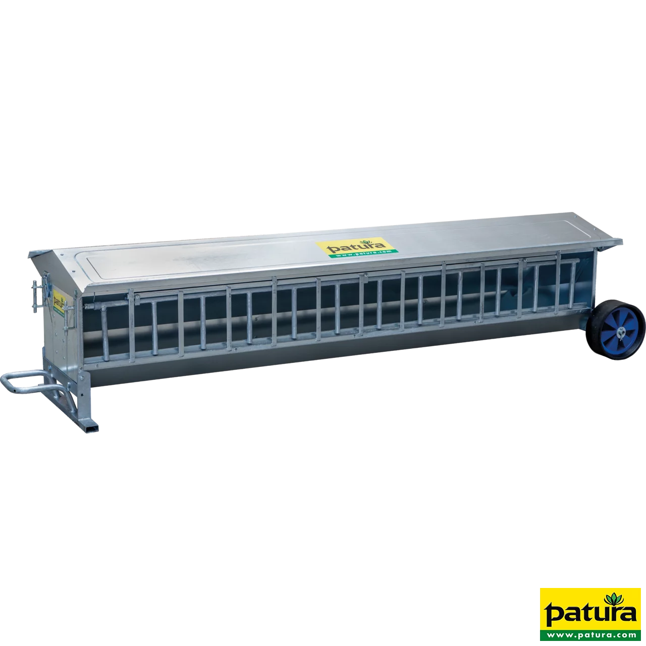 Lämmer-Futterautomat, L= 2,44 m, fahrbar Inhalt ca. 240 ltr., mit Dach, verzinkt