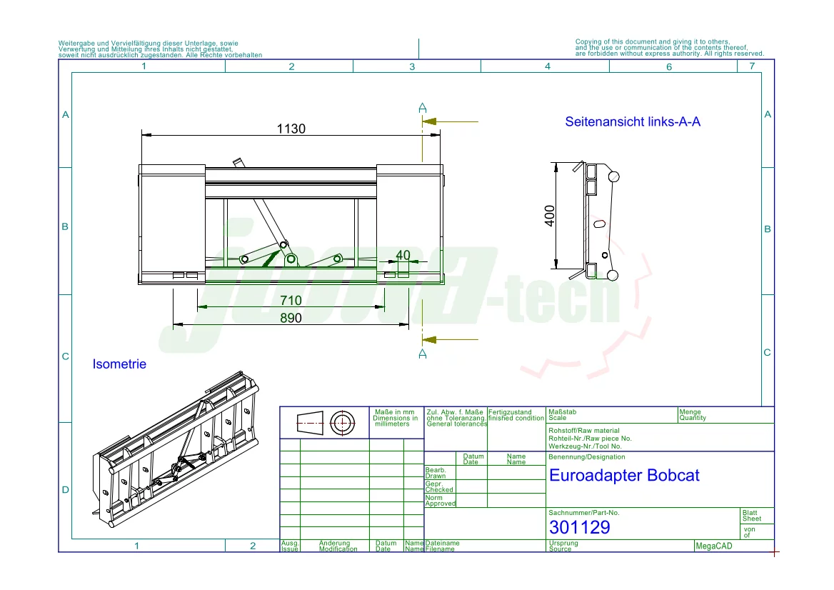 Joma-Tech Adapter von Radlader auf Euroaufnahme - Schnellwechsler Bobcat 40x30mm/400mm