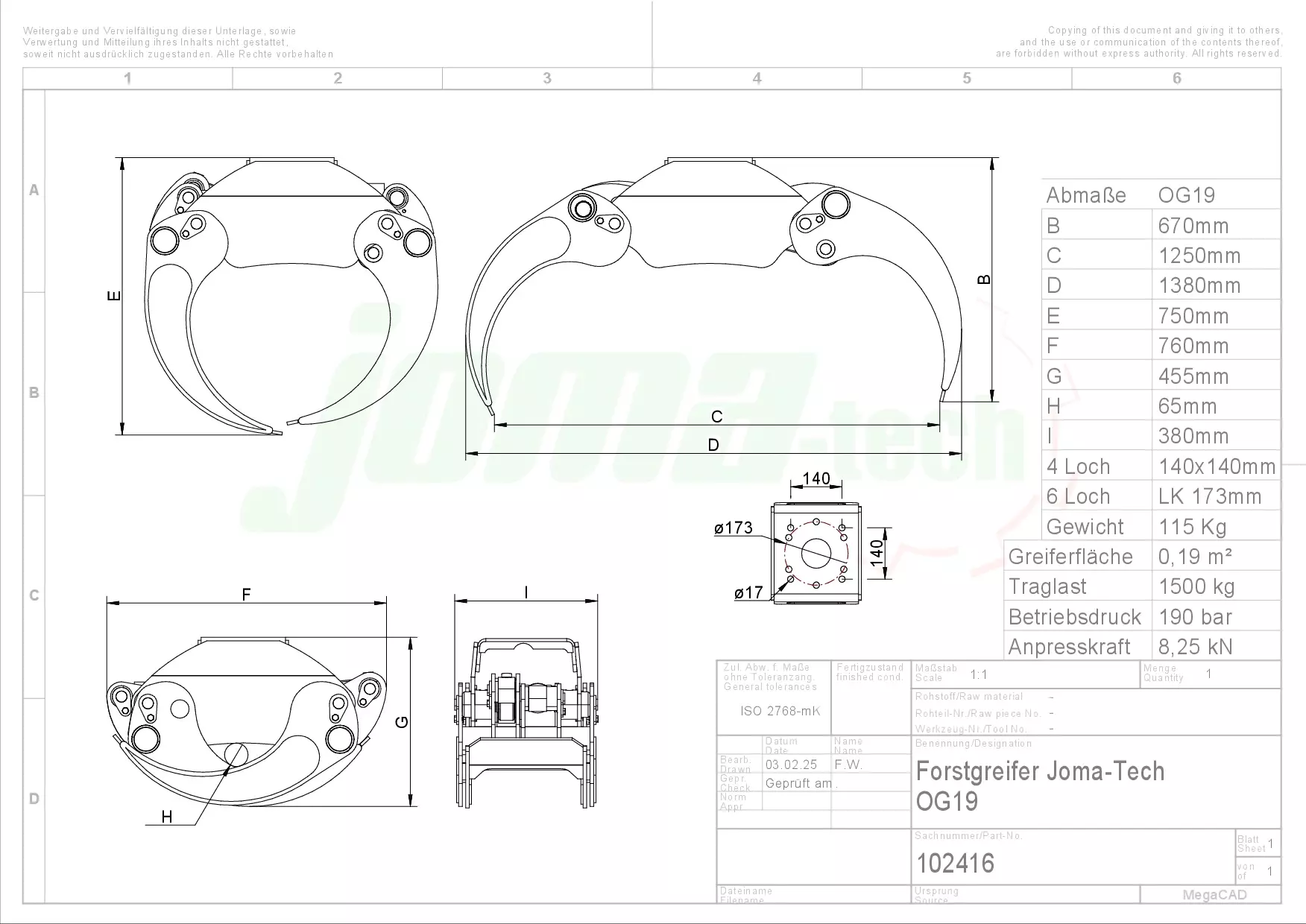 Kombianbaurahmen Euro- und Dreipunkt mit Forstgreifer OG19, Pendelgelenk und Rotator - [ FHR 4.500L 4,5t Bolzenrotator  ] 