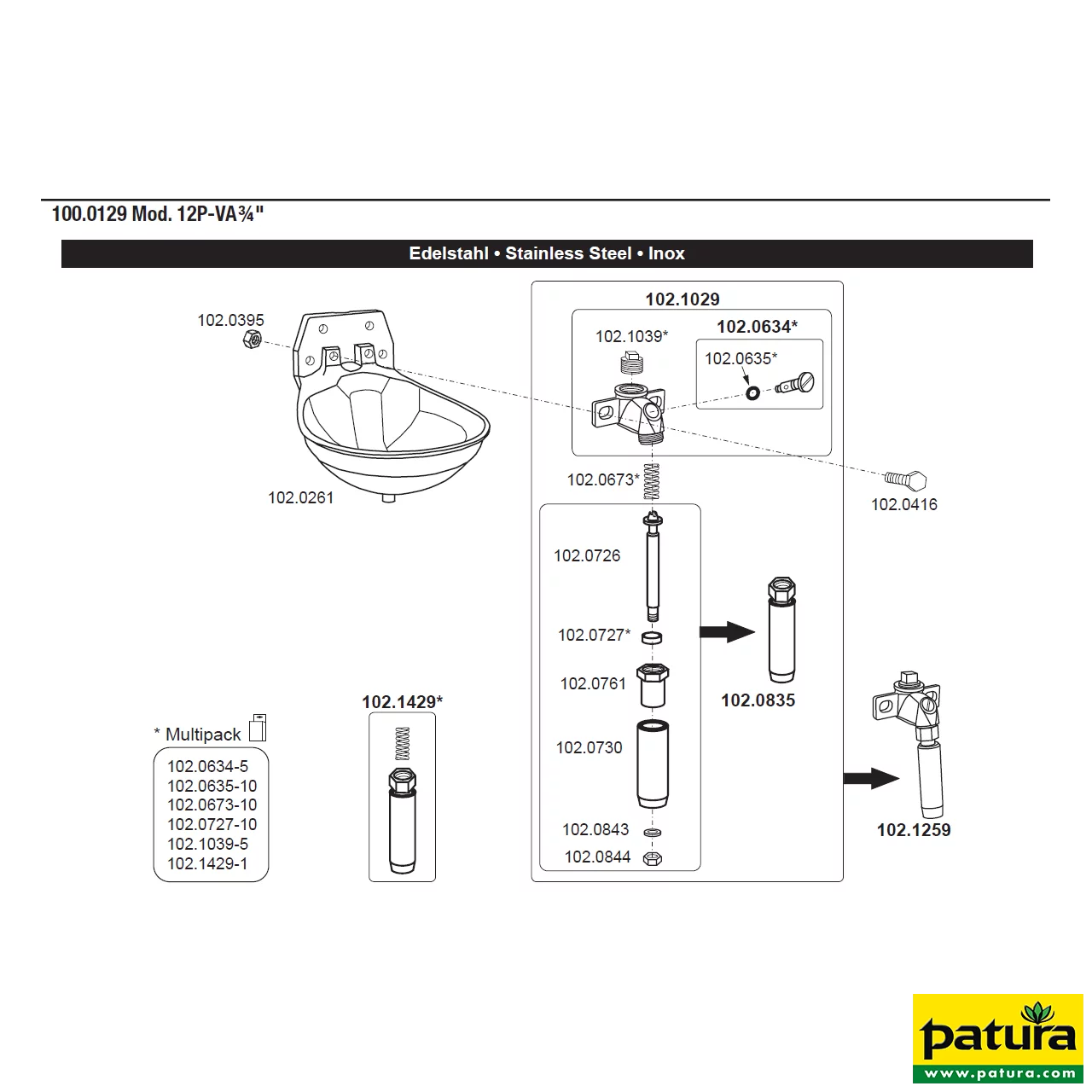 Rohrventil-Becken Mod. 12P mit 3/4" Edelstahlventil