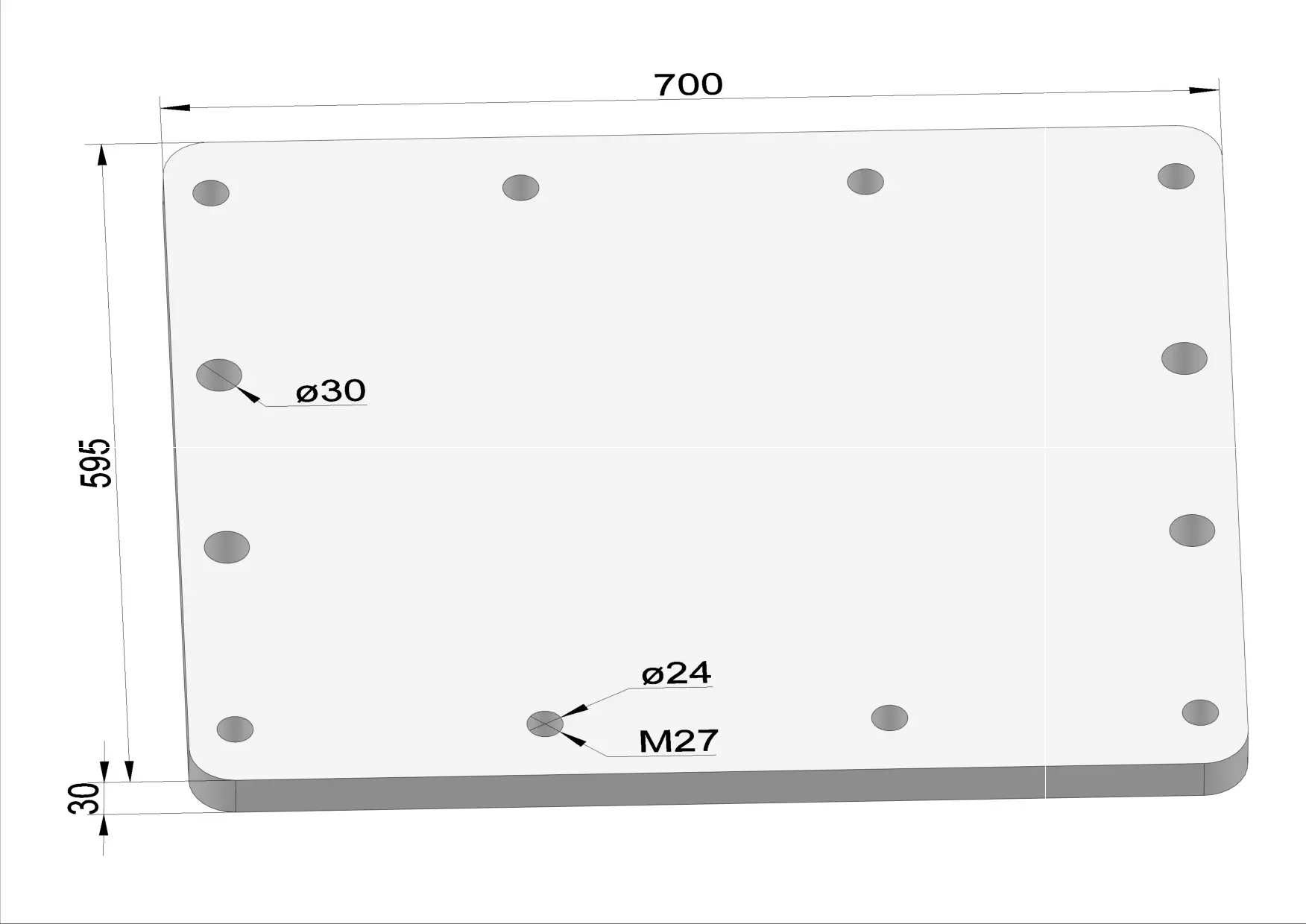 Häner Grundplatte 700x595 t=30 4xd30 8xM27 - Gewinde