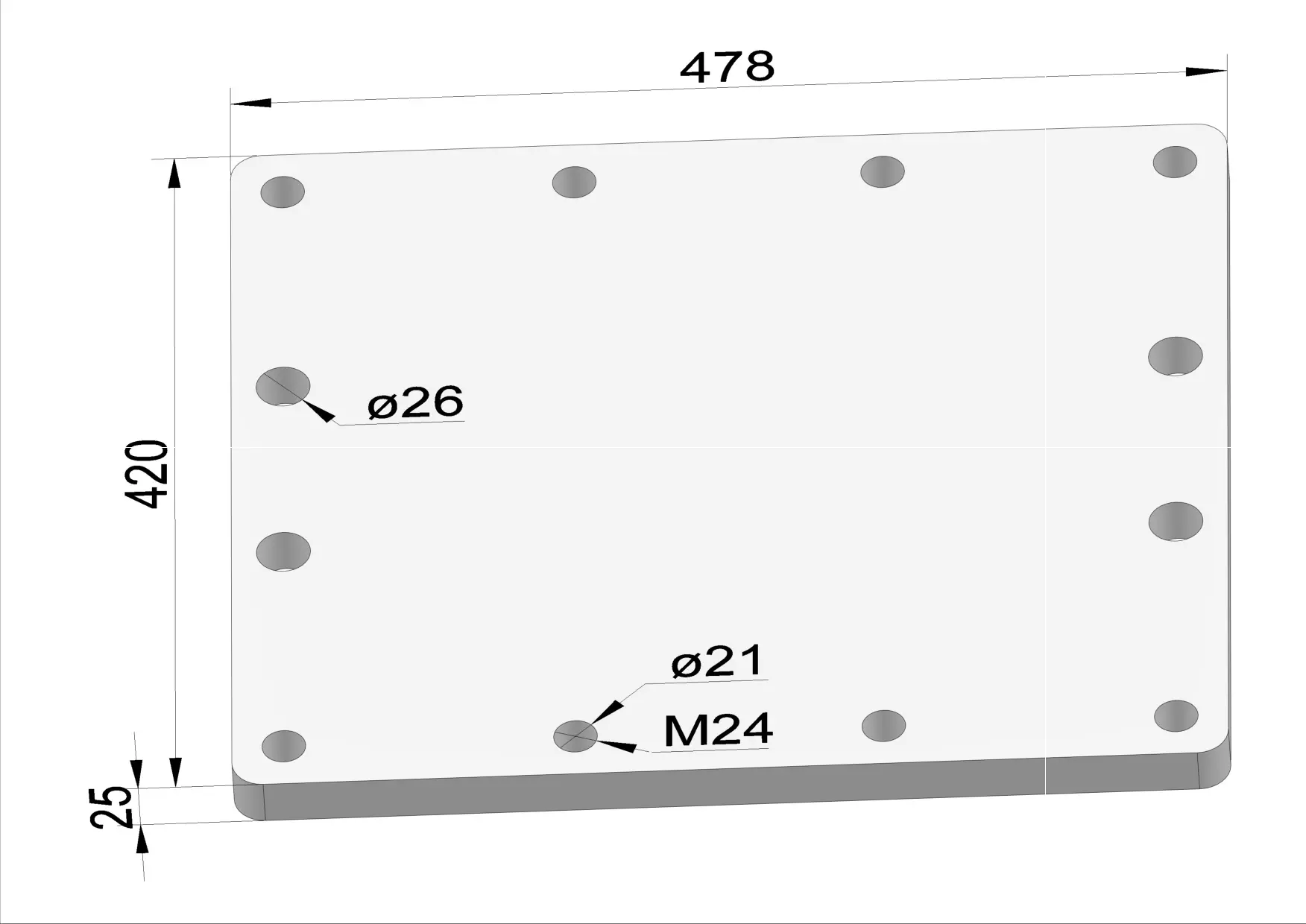 Grundplatte 478x420 t=25 4xd26 8xM24 - Gewinde