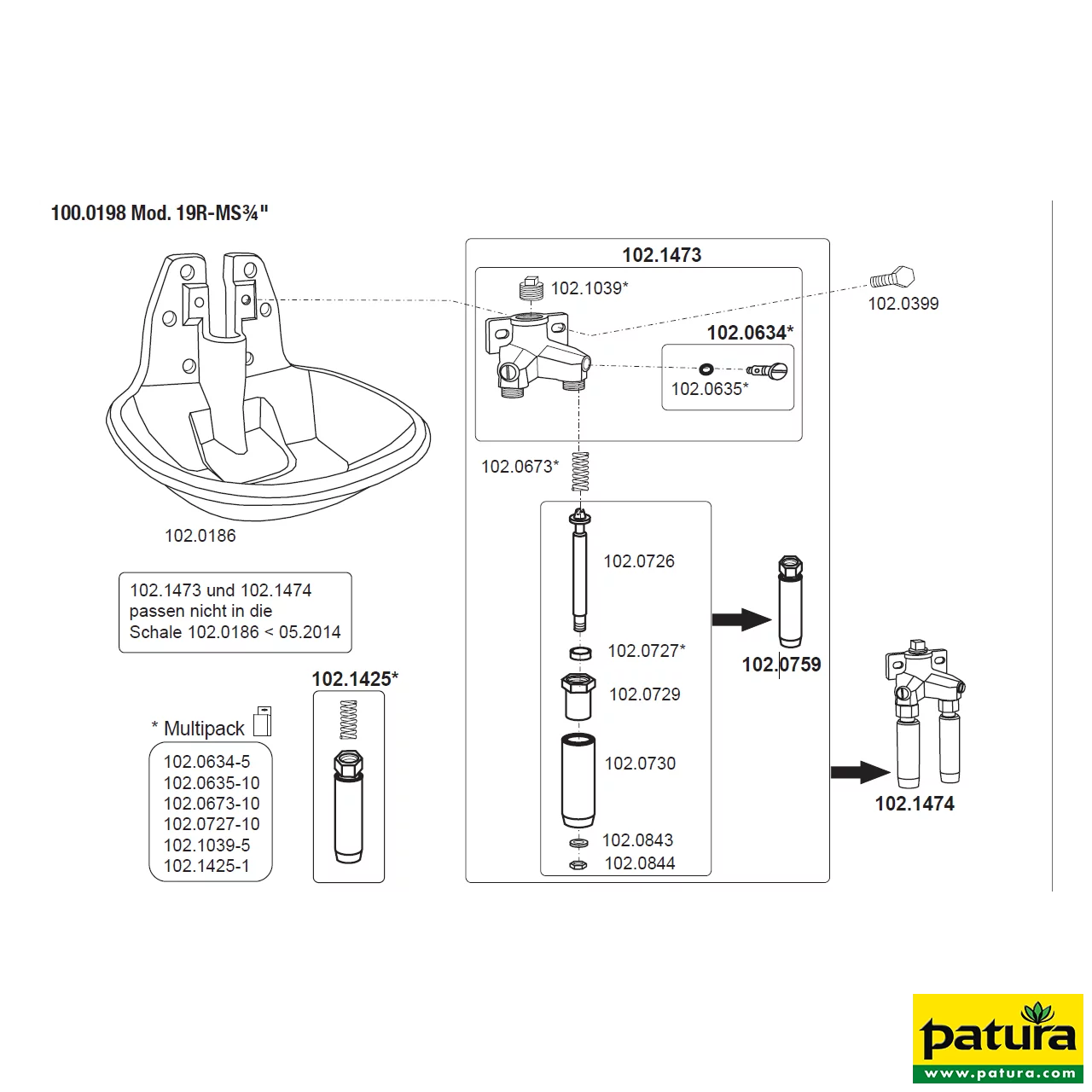 Doppel-Rohrventil-Becken Mod. 19R mit 3/4" Messingventil