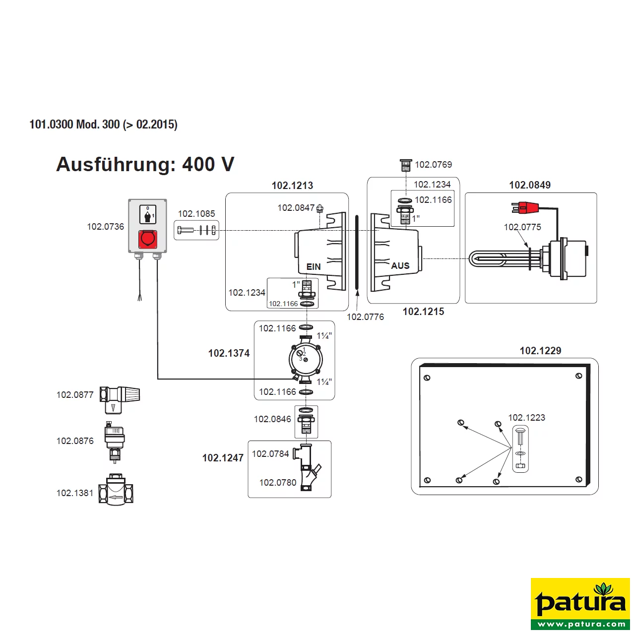 Umlaufheizsystem Mod. 300, 400 V 3000 W, Pumpe 100 W mit Thermostat und Umlaufpumpe
