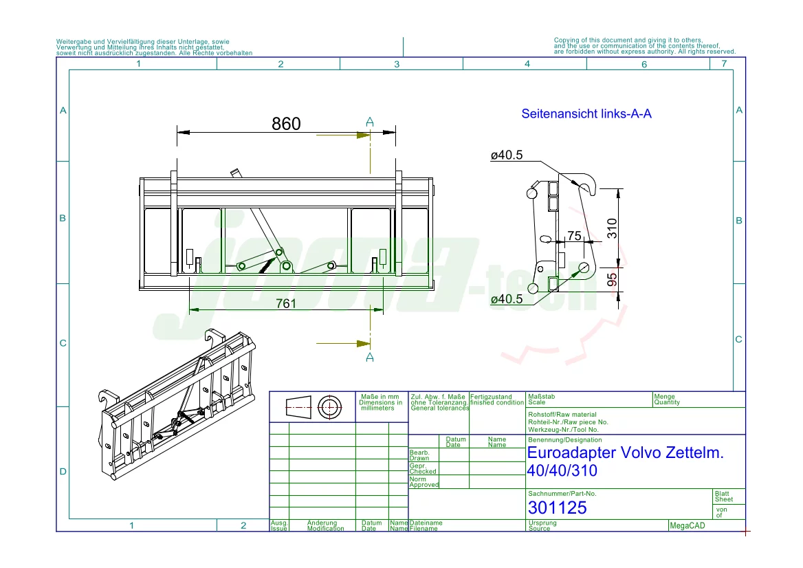 Joma-Tech Adapter von Radlader auf Euroaufnahme - Schnellwechsler Zettelmeyer/Volvo 40x40x310mm