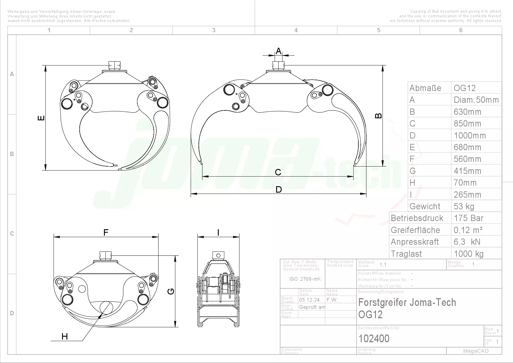 Forstgreifer Joma-Tech OG12 - [ ohne Rotator mit Einlegeschalen 500mm ]