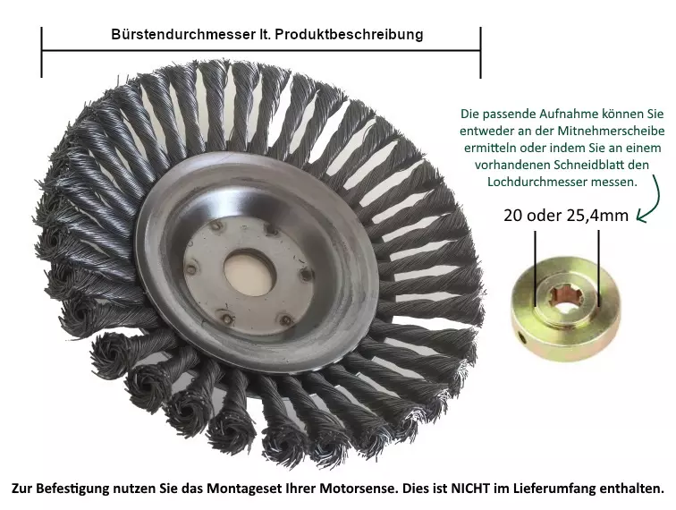 Unkrautbürste, Kegelbürste, Zopfbürste, Wildkrautbürste für Freischneider / Motorsense - [ Ø 180mm; 36 Zöpfe Ø 20mm ]