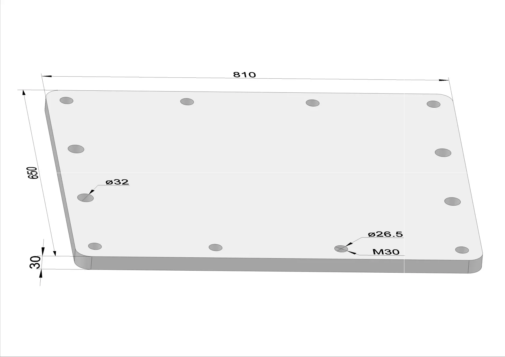 Häner Grundplatte 810x650 t=30 4xd32 8xM30 - Gewinde