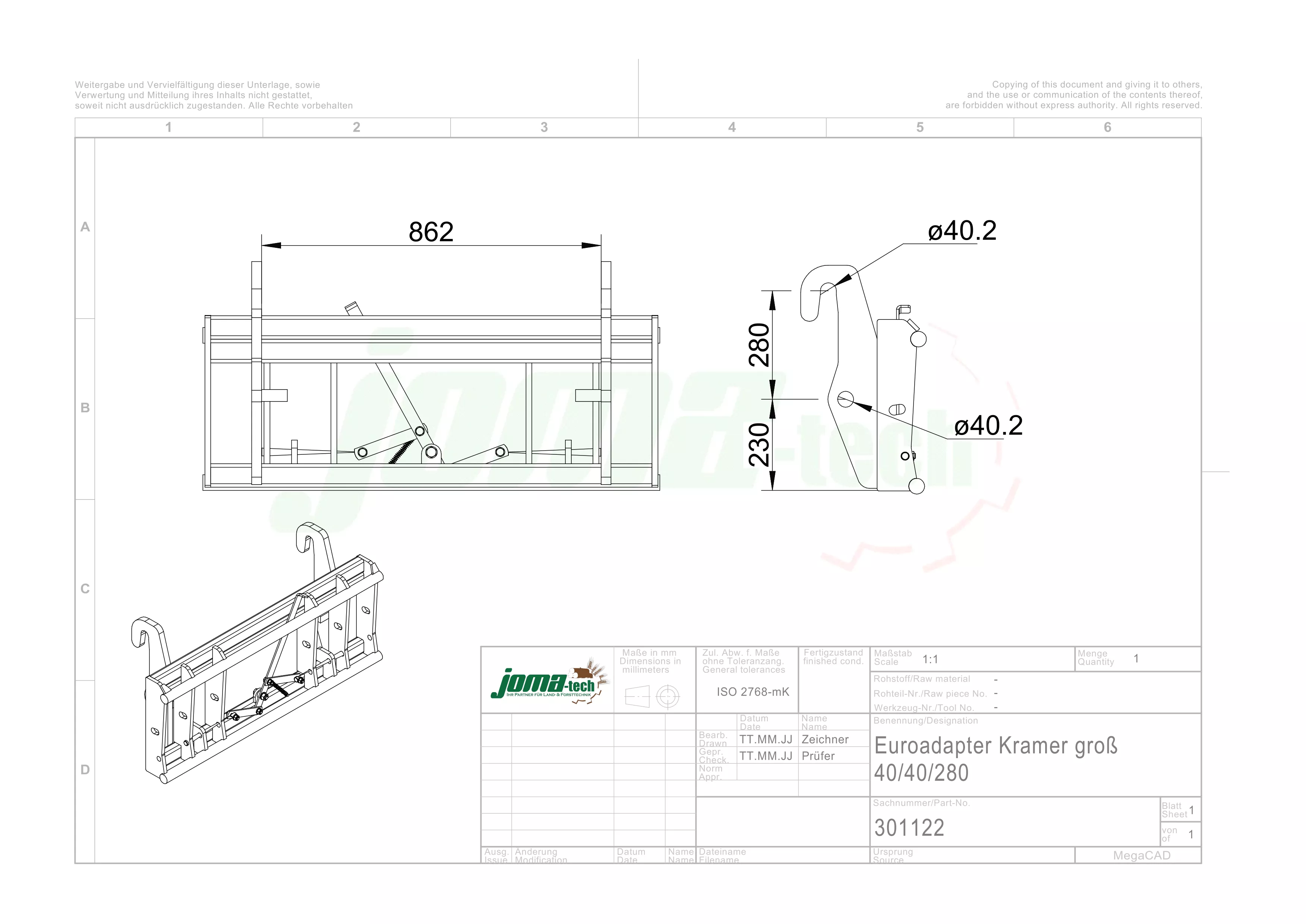 Adapter von Radlader auf Euroaufnahme - Schnellwechsler Kramer gross 40x40x280mm Hydraulische Verrieglung