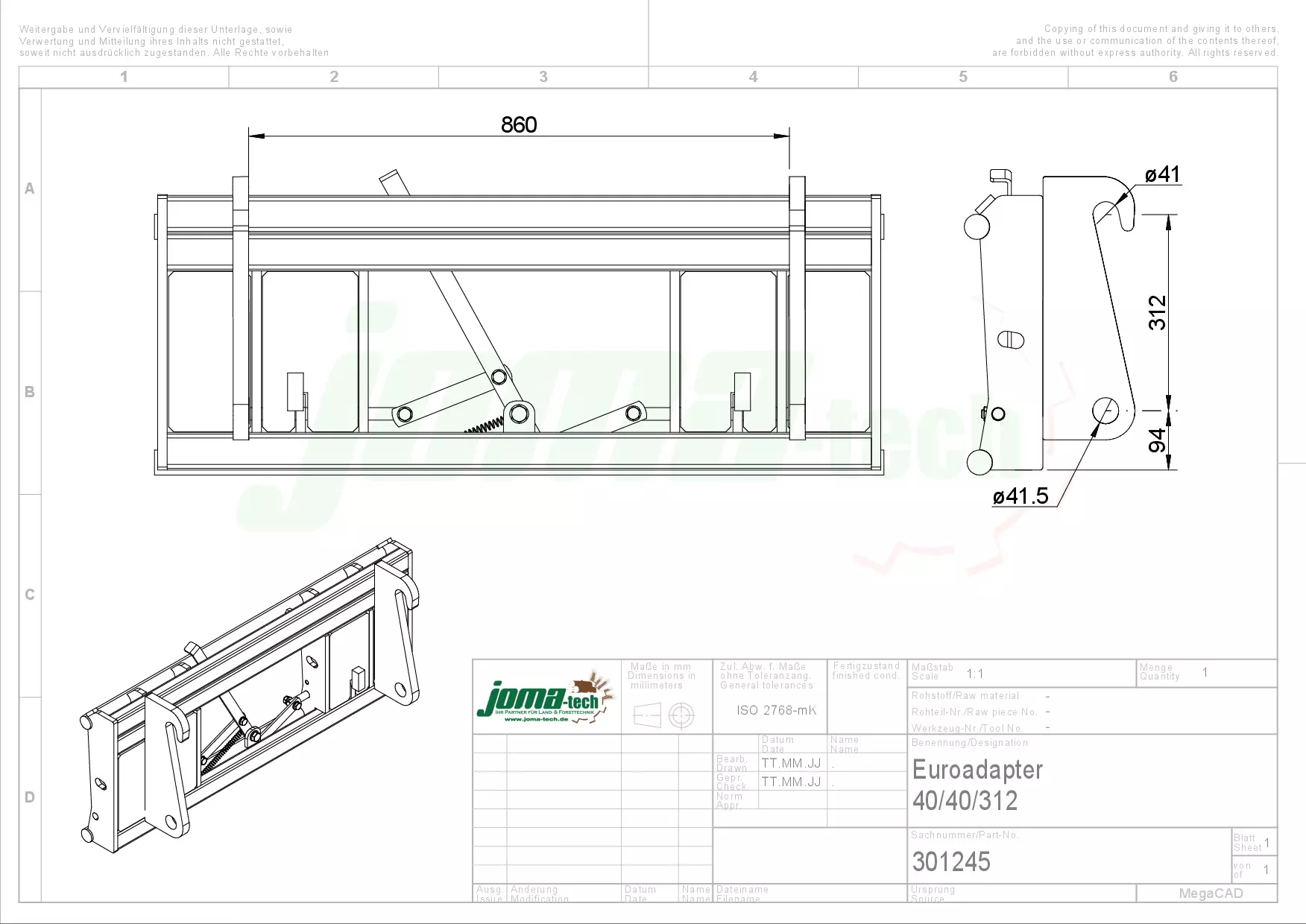 Adapter von Radlader auf Euroaufnahme, Euroadapter, Schnellwechsler 40x40x312 erhöht Mechanische Verrieglung