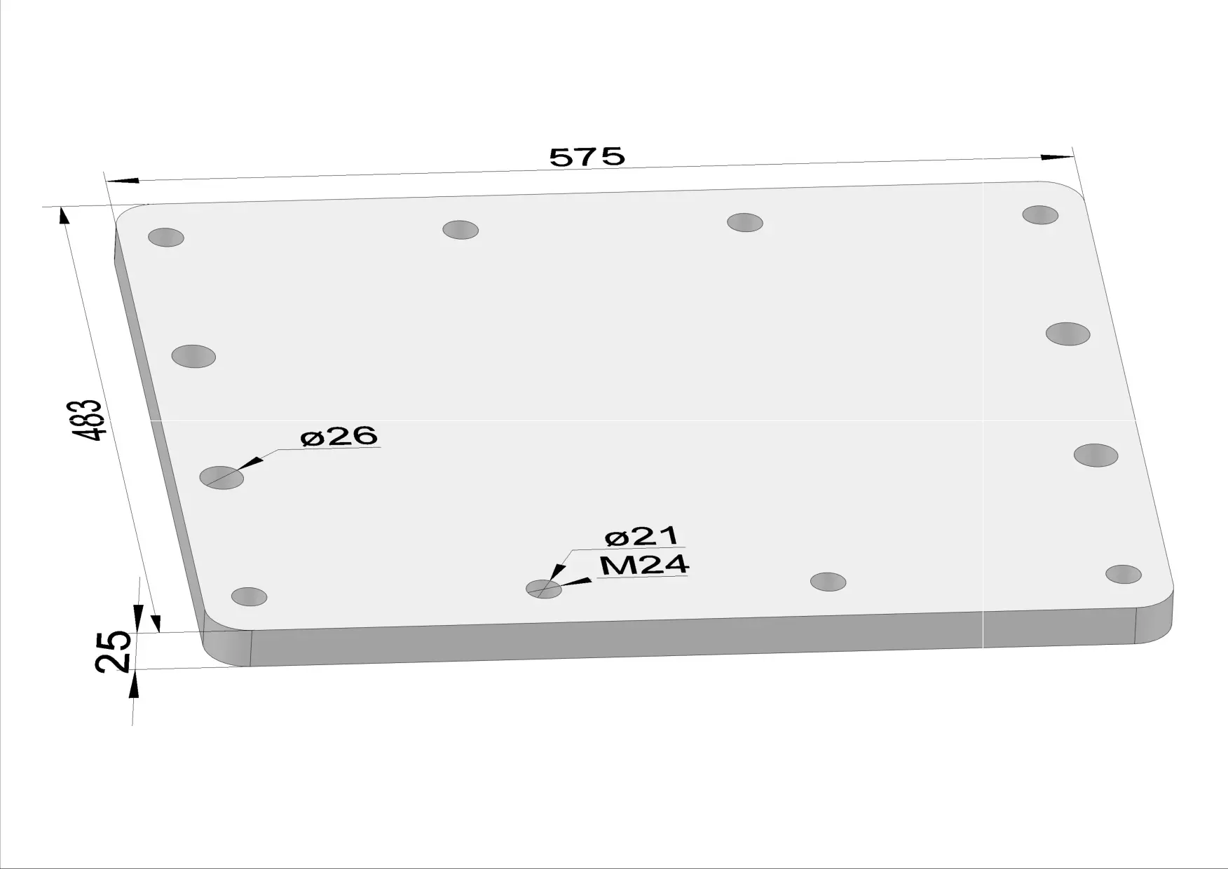 Häner Grundplatte 575x483 t=25 4xd26 8xM24 - Gewinde