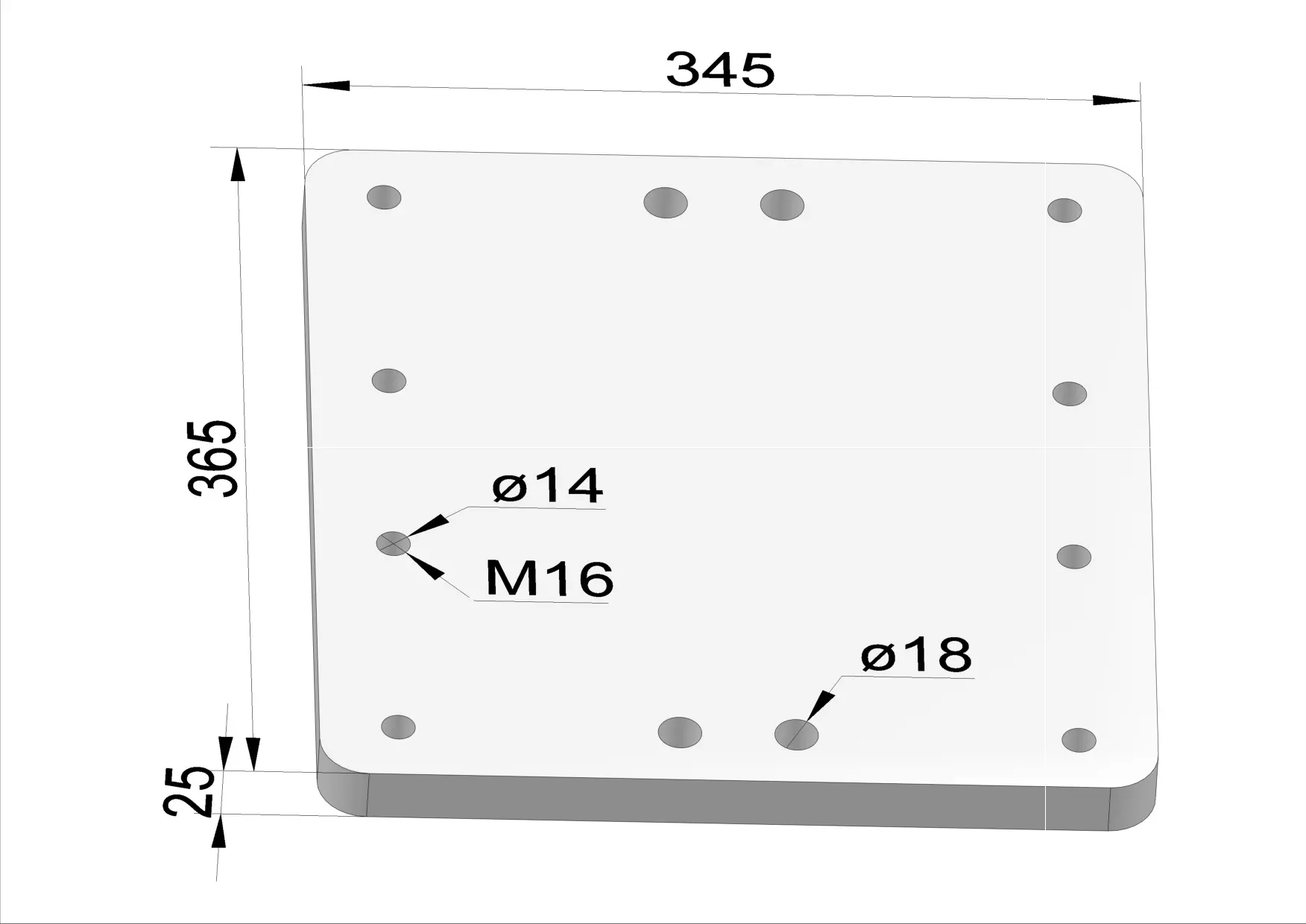 Häner Grundplatte 345x365 t=25 4xd18 8xM16 - Gewinde
