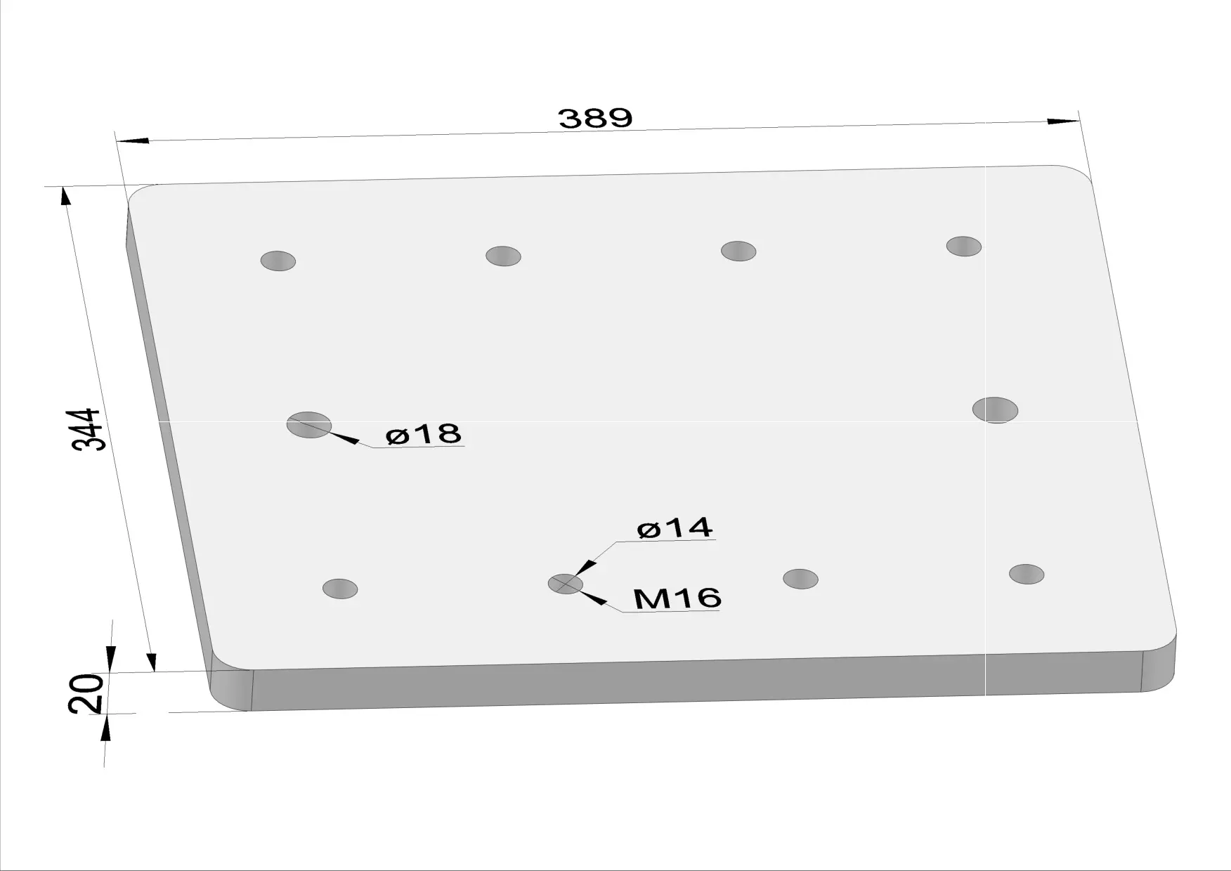 Häner Grundplatte 344x389 t=20 2xd18 8xM16 - Groß Gewinde