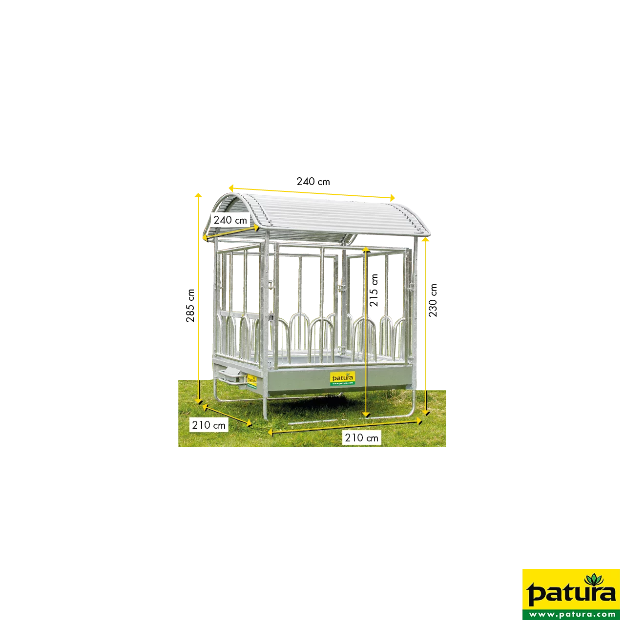 Profi-Viereckraufe mit Universalfressgitter und Dach 2,00 x 2,05 m