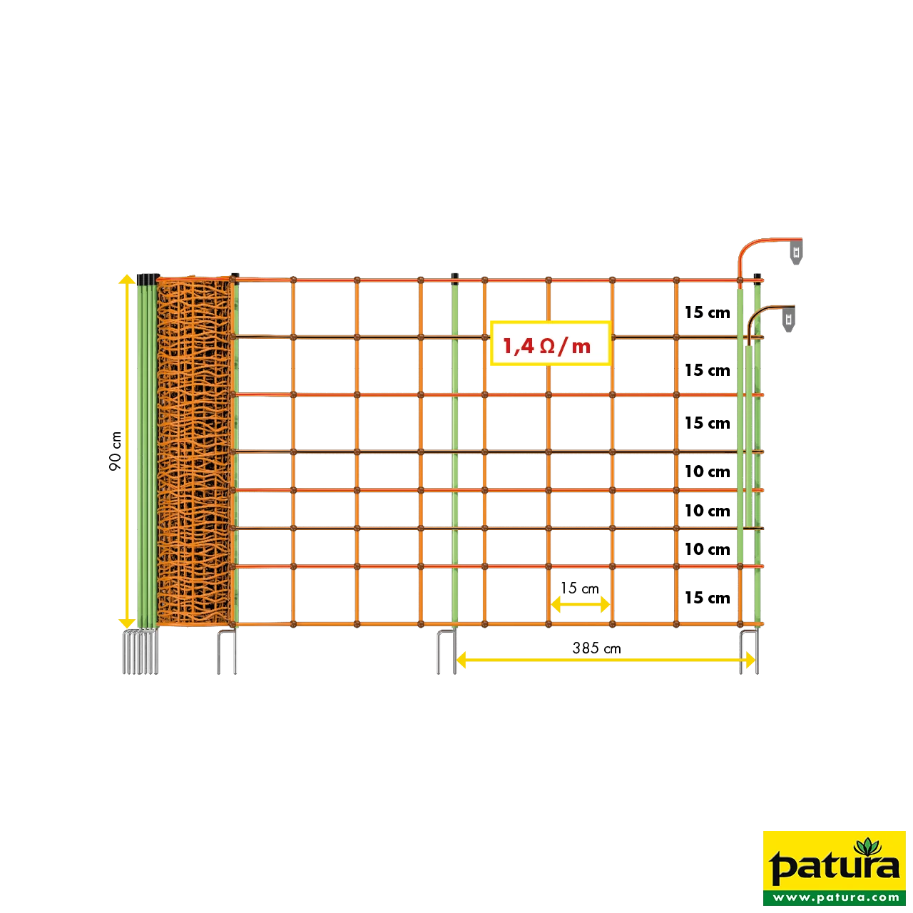 Elektrozaunnetz "plus/minus" 90 cm hoch, mit Doppelspitze, 50 m