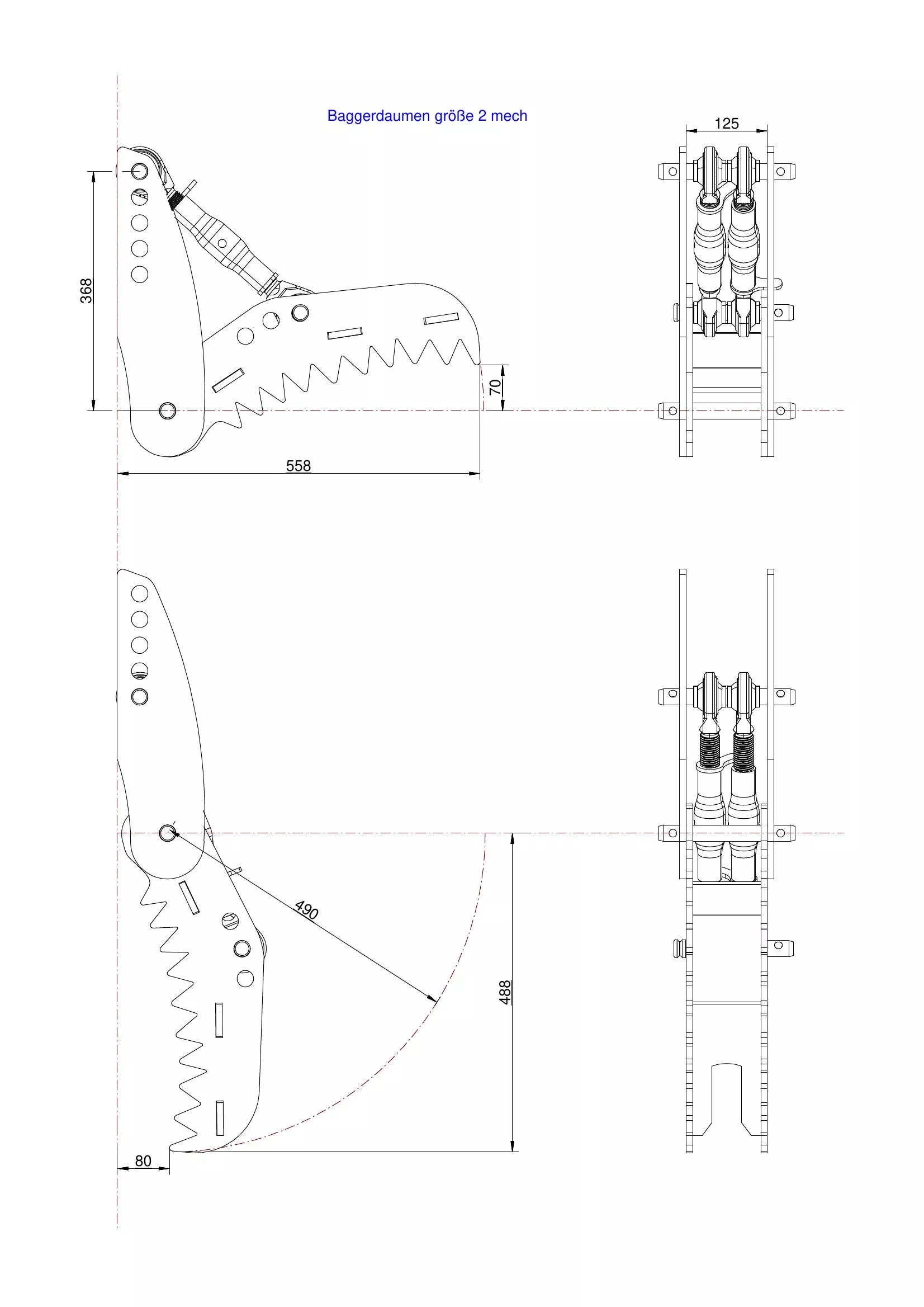 Baggerdaumen für Minibagger von 3-5t, Niederhalter mechanisch, mit Oberlenker