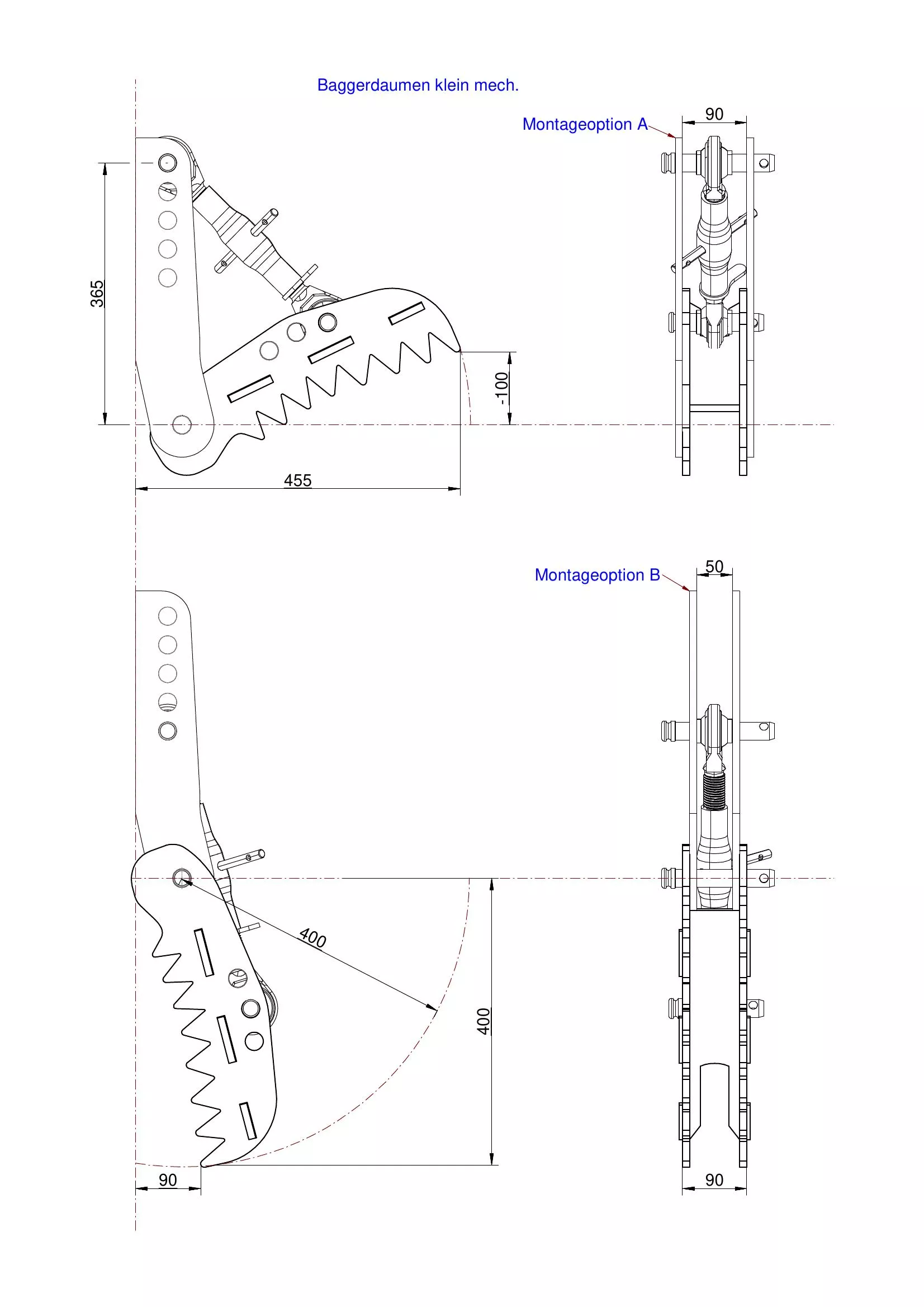 Baggerdaumen für Minibagger von 1-3t, Niederhalter mechanisch, mit Oberlenker