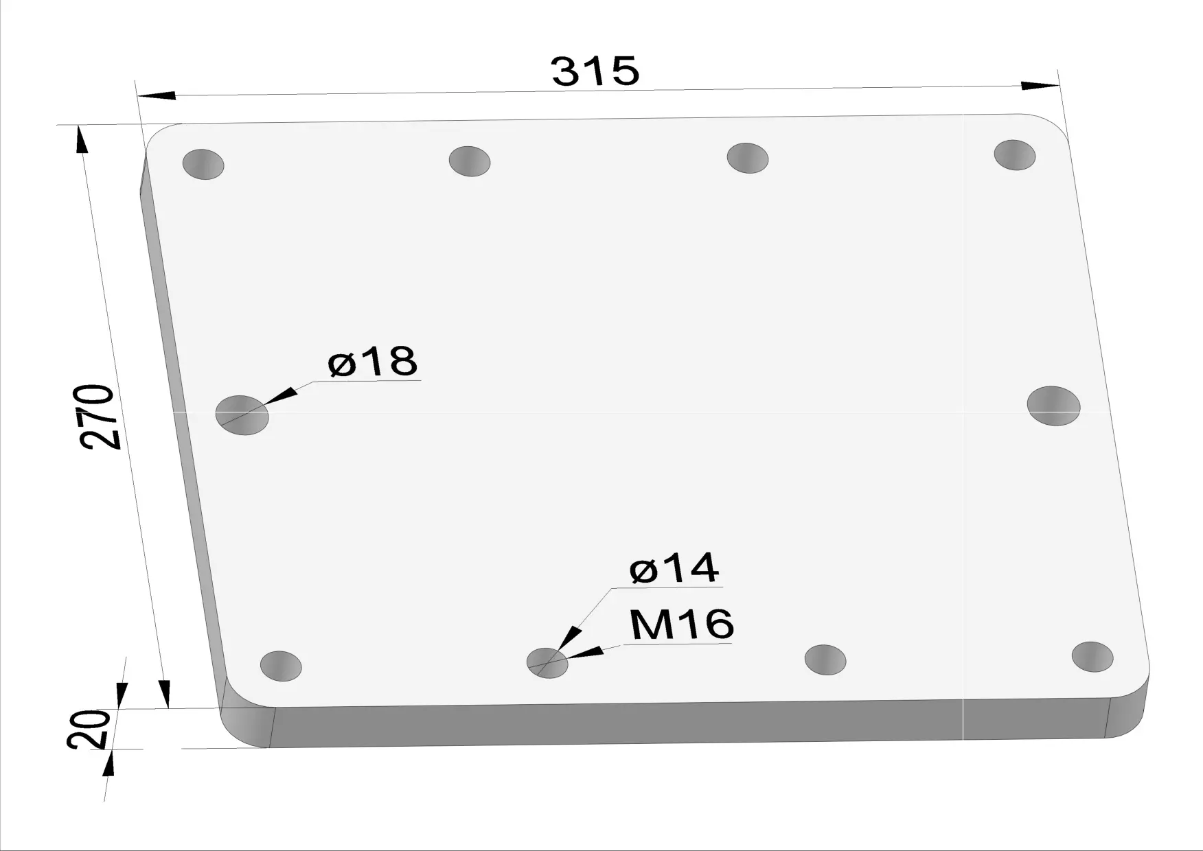 Häner Grundplatte 315x270 t=20 2xd18 8xM16 - Gewinde