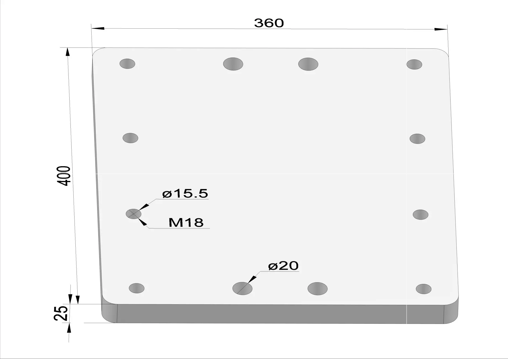 Häner Grundplatte 360x400 t=25 4xd20 8xM18