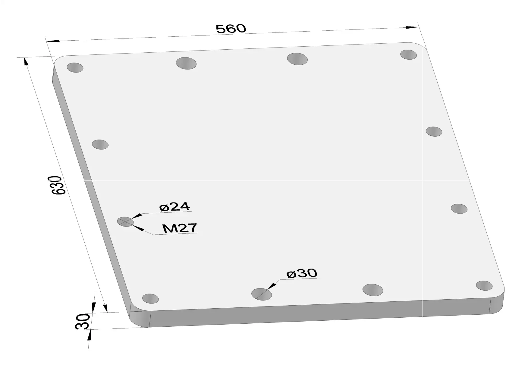 Häner Grundplatte 630x560 t=30 4xd30 8xM27 Gewinde