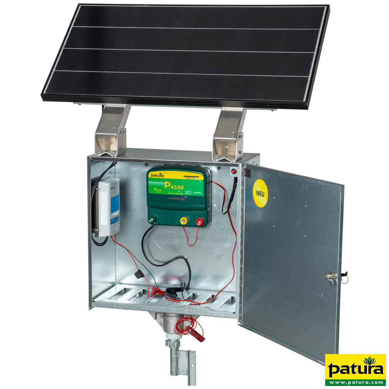 P4500 mit Sicherheitsbox XL, 110 W Solarmodul, 100 Ah Super-Vlies-Akku, Erdstab und Stabilisierungsfuß